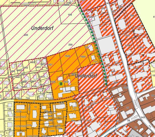Abb. 27: Aufhebung der Gestaltungsplanpflicht im Gebiet Unterdorf, Zonenplan bisher (links, rote Umrandung = verbindlicher Inhalt;