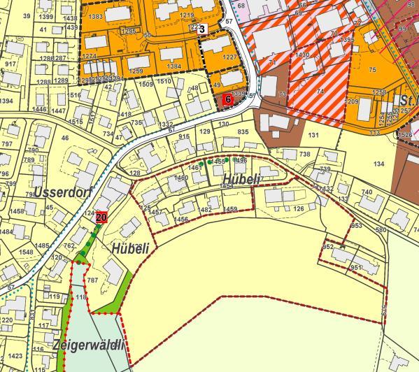 Abb. 29: Aufhebung der Gestaltungsplanpflicht im Gebiet Gwang, Zonenplan bisher (links, rote Umrandung = verbindlicher Inhalt;
