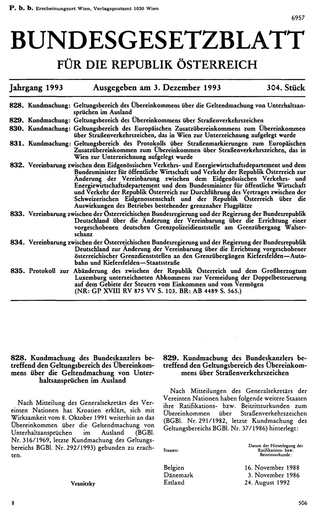 P. b. b. Erscheinungsort Wien, Verlagspostamt 1030 Wien BUNDESGESETZBLATT FÜR DIE REPUBLIK ÖSTERREICH Jahrgang 1993 Ausgegeben am 3. Dezember 1993 304. Stück 828.