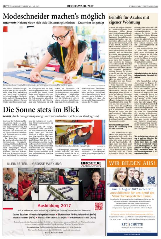 BERUFSWAHL 2020 Sonderseiten Das Spezial zum Thema Berufswahl 2019 erscheint an insgesamt vier Terminen im Stellenmarkt der Nordwest-Zeitung.