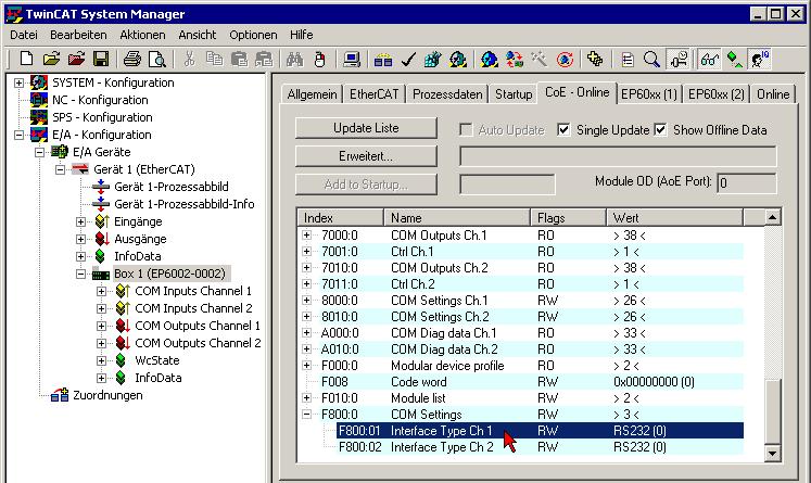 5.5 EP600x-0002 - Auswahl des Schnittstellen-Typs Im TwinCAT System-Manager können Sie auf dem Karteireiter CoE-Online unter dem Objekt 0xF800:0