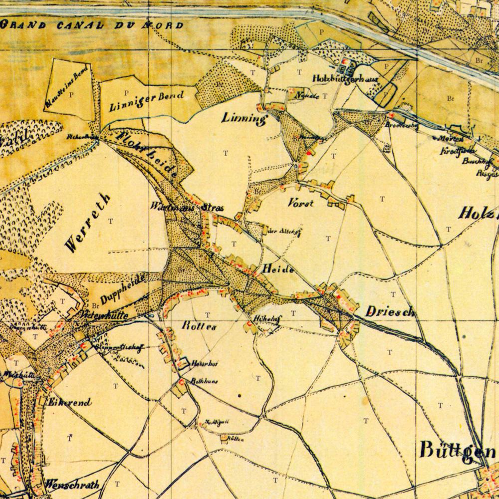 Bereits in der Tranchot-Karte von 1803-1813 sind die fünf ehemaligen Ansiedlungen Vorst, Linning, Wattmannstraße, Heide und Rottes verzeichnet.