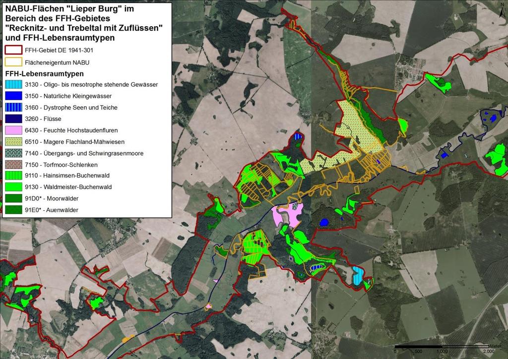 Karte 2: NABU-Flächen Lieper Burg im Bereich des FFH-Gebietes Recknitz- und Trebeltal mit Zuflüssen und Lebensraumtypen Anja Kureck/GeoBasis-DE/M-V