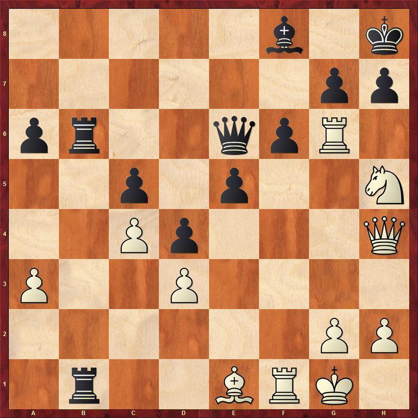 Busch Khani Alemouti Alles ist für den finalen Einschlag vorbereitet: 32.Sxf6! gxf6 33.Tgxf6 Dxf6 (Auch 33...Le7 34.Txe6 Lxh4 35.Txb6 Txe1 36.Txe1 Lxe1 37.Txa6 ist hoffnungslos.) 34.