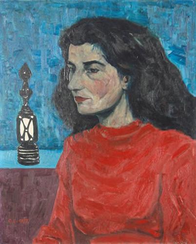 57-024-OE Titel: Frauenportrait der Alice Benninger, im Hintergrund Afrikanische Figur.