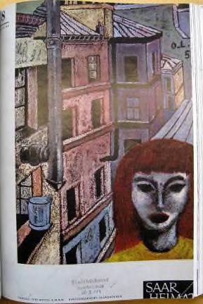 1956 56-001-OE Titel: rothaarige Frau mit gelbem Pulli vor einer Häuserkulisse in