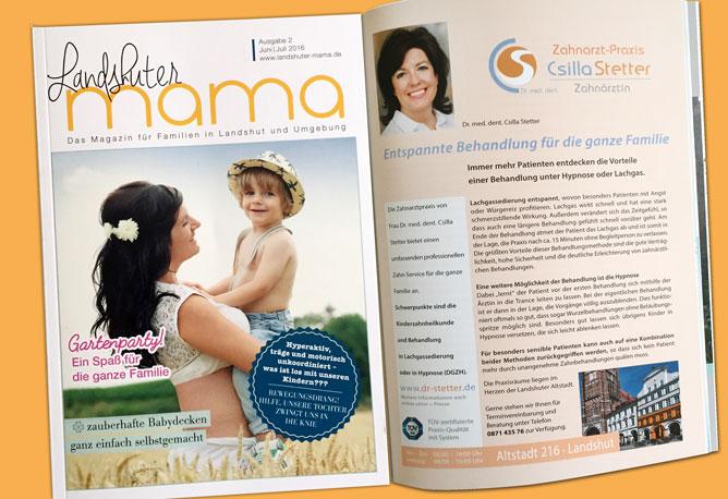Bericht Landshuter mama, Juni 2016 als download pdf Lachgassedierung entspannt, wovon besonders Patienten mit Angst oder Würgereiz profitieren.