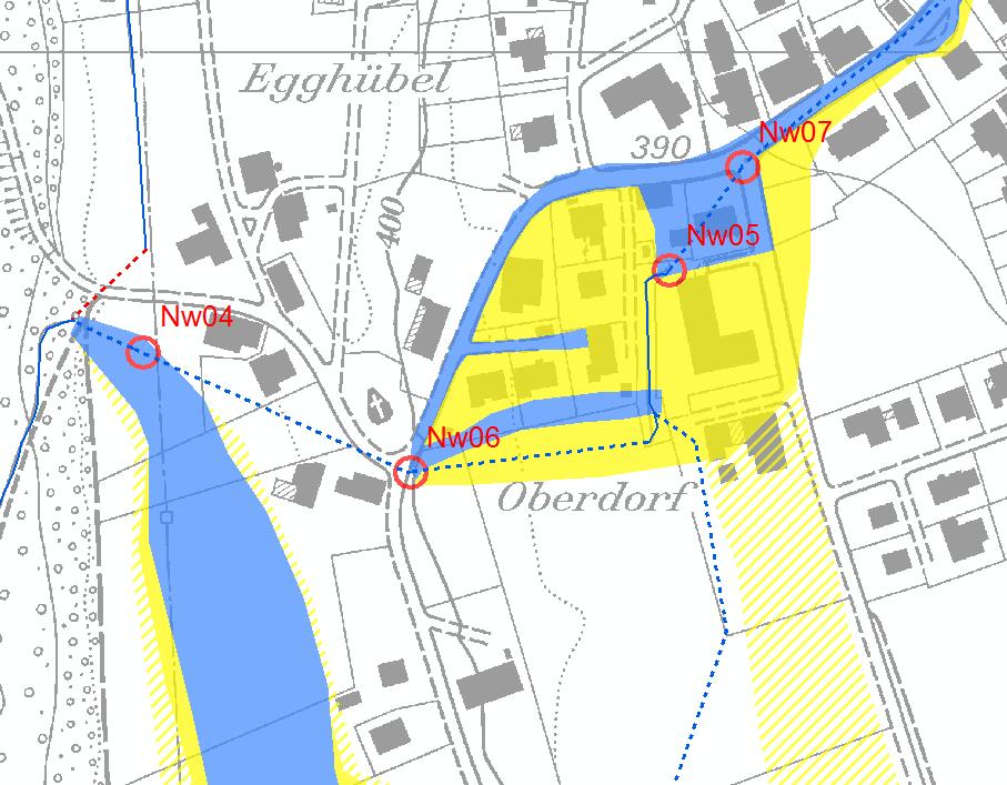 2. Ursprüngliche Hochwassergefährdung Die Abbildung 2 zeigt die Gefahrenkarte Hochwasser vor Ausführung der Massnahmen (Niederer + Pozzi 2010). Dorfbach Nesselnbach Legende!
