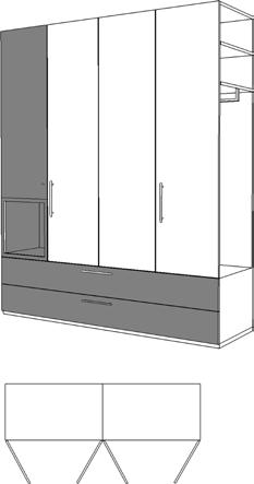 Anbausystem Anbauschrank 4-trg. 1 Mittelseite und 2x200er Schrankschubkästen mit 50er Nische unter 1.Tür in Absetzung 1.