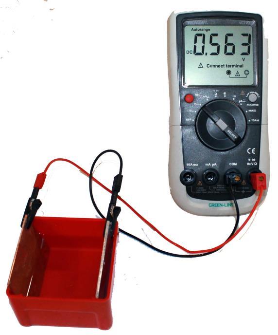 Halten Sie nun das graue (Aluminium) und das rote Blech (Kupfer) ins Wasser und verbinden es mit dem Voltmeter auf Stellung V= Es zeigt sofort ca. 05 Volt an. Sie haben Ihre erste Batterie gebaut.