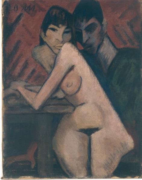 Ausstellung expressionistischer Werke Otto Mueller, Paar in der Kaschemme, um 1921/22, Leimfarbe auf Rupfen, Foto: Jürgen Diemer