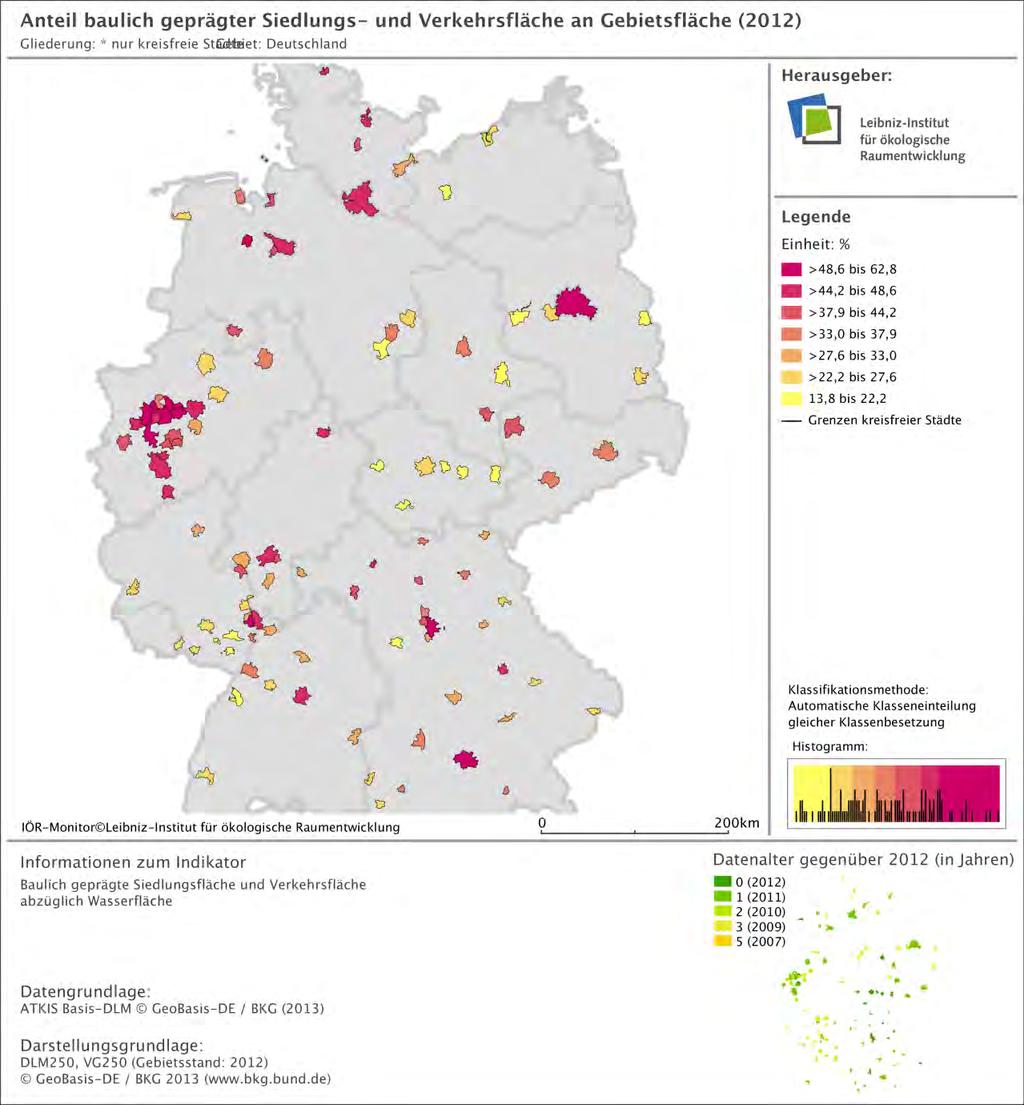 Anteil baulich geprägter Siedlungsund Verkehrsfläche, Städte (2012) Rang Kreisfreie Stadt Anteil baulich geprägter SuV [%] 1 Herne 62,8 2 München (Stadt) 61,3 3 Oberhausen 59,9 4 Bochum 56,5