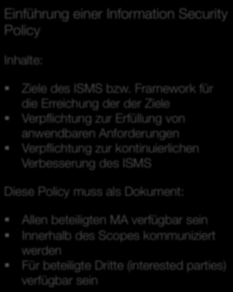 Kap. 5 - Leadership 5.1 Leadership and commitment 5.2 Policy 5.3 Organizational roles, responsibilities and authorities Einführung einer Information Security Policy Inhalte: Ziele des ISMS bzw.