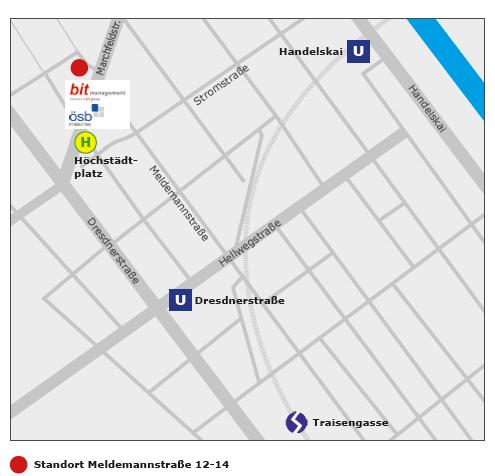 Anfahrtsskizze ÖSB Consulting U6 (Station Dresdnerstraße) + fünf Minuten zu Fuß oder eine Station mit der Straßenbahn 2 oder dem Bus 37A (Station Höchstädtplatz) Straßenbahnlinien: 2, 31, 33 (Station