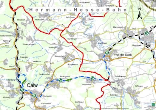 Betriebskonzept der Herman-Hesse-Bahn Die Verlängerung der S6 von Weil der Stadt nach Calw ist nicht realisierbar Der Betrieb erfolgt als Regionalbahn (genannt S-Bahn) von Calw-ZOB bis Renningen