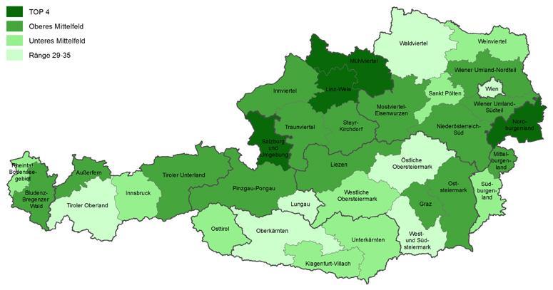 Karte 1: Verknüpfung von Wohlstandsindikatoren Unter den 35 österreichischen NUTS 3-Regionen erreichen die Regionen Nordburgenland, Mühlviertel, Salzburg und Umgebung und Linz-Wels die besten Ränge,