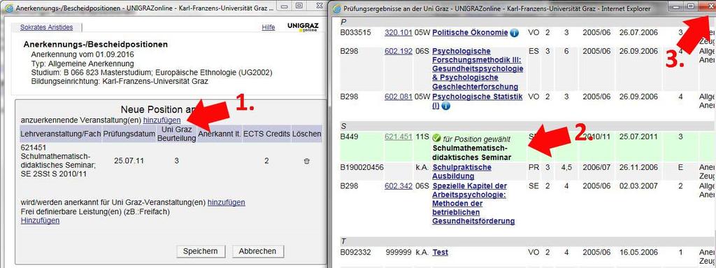 b) Erfassung einer Lehrveranstaltung, die an der KFU Graz abgelegt wurde: Mit Klick auf Neue Position öffnet sich ein neues Fenster: Neue Position anlegen.