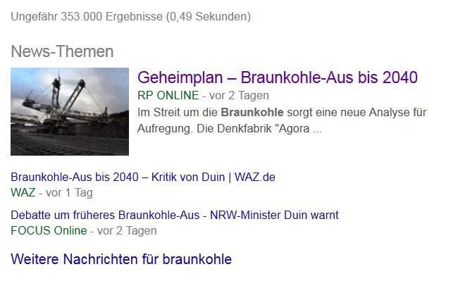 Status quo Energiepolitik Pressemeldungen - Braunkohle Google, News-Themen, 14.