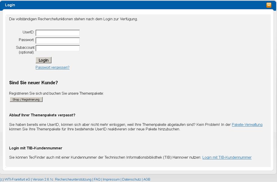 Login zum TecFinder: Login: Loggen Sie sich über die WTI-Homepage http://www.wtifrankfurt.