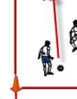 Die 3 Spieler in Ballbesitz (blau) müssen mindestens 5 Pässe machen, bevor sie mit einem der 3 Spieler ( rot) in den anderen Vierecken