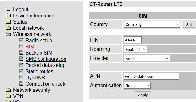 Öffnen Sie im Webinterface den Menüpunkt Wireless Network/SIM und tragen Sie im Feld PIN die PIN-Nummer der SIM-Karte ein.