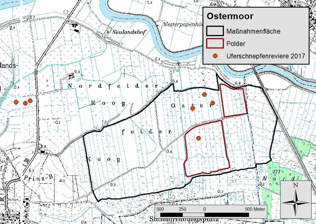 4.1.6 Untere Treene-Ostermoor (07-UTO) Im Ostermoor wurden 2017 nur noch sieben Uferschnepfenreviere ermittelt, wobei aber nur vier innerhalb der Maßnahmenfläche des Projekts lagen (Abb. 6).