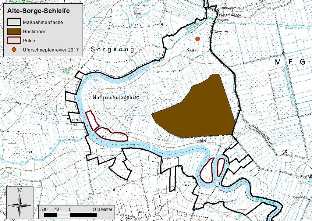 4.1.7 Alte-Sorge-Schleife (08-ASS) Im Gebiet Alte-Sorge-Schleife etablierte 2017 lediglich ein Uferschnepfenpaar ein Revier im Nordosten der Maßnahmenfläche (Abb. 7).