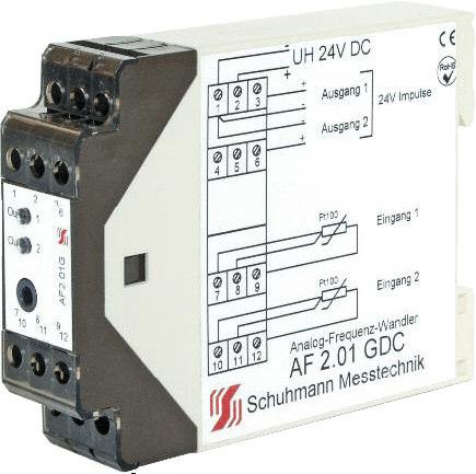 2-kanaliger Temperatur-Frequenz-Wandler AF 2.01 GDC 2 Eingänge: - Bereich 2x PT 100-125...+500 C - Messbereichsanfang - Messbereichsende 2 Ausgänge: - Bereich 2x 0.
