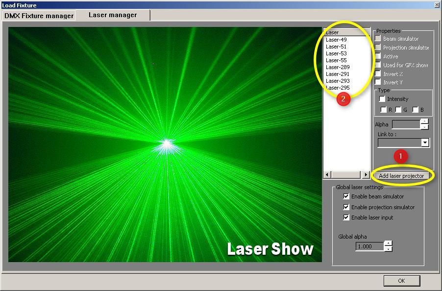 Dort wählen Sie jetzt den Button "Add laser projector" an. In der Liste dort oben (mit "Laser" überschrieben) wird nun ein Lasername mit einer Nummer erscheinen.
