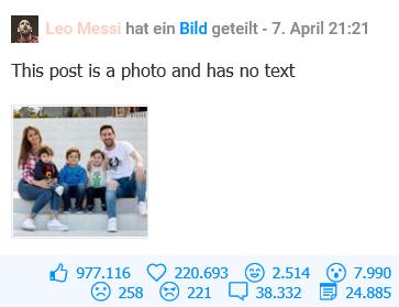 TOP Beiträge Social Media Anzahl Fans Anzahl Likes Anzahl Kommentare Anzahl Reaktionen Facebook 213.8M 293k 38k 336k Cristiano Ronaldo 122.