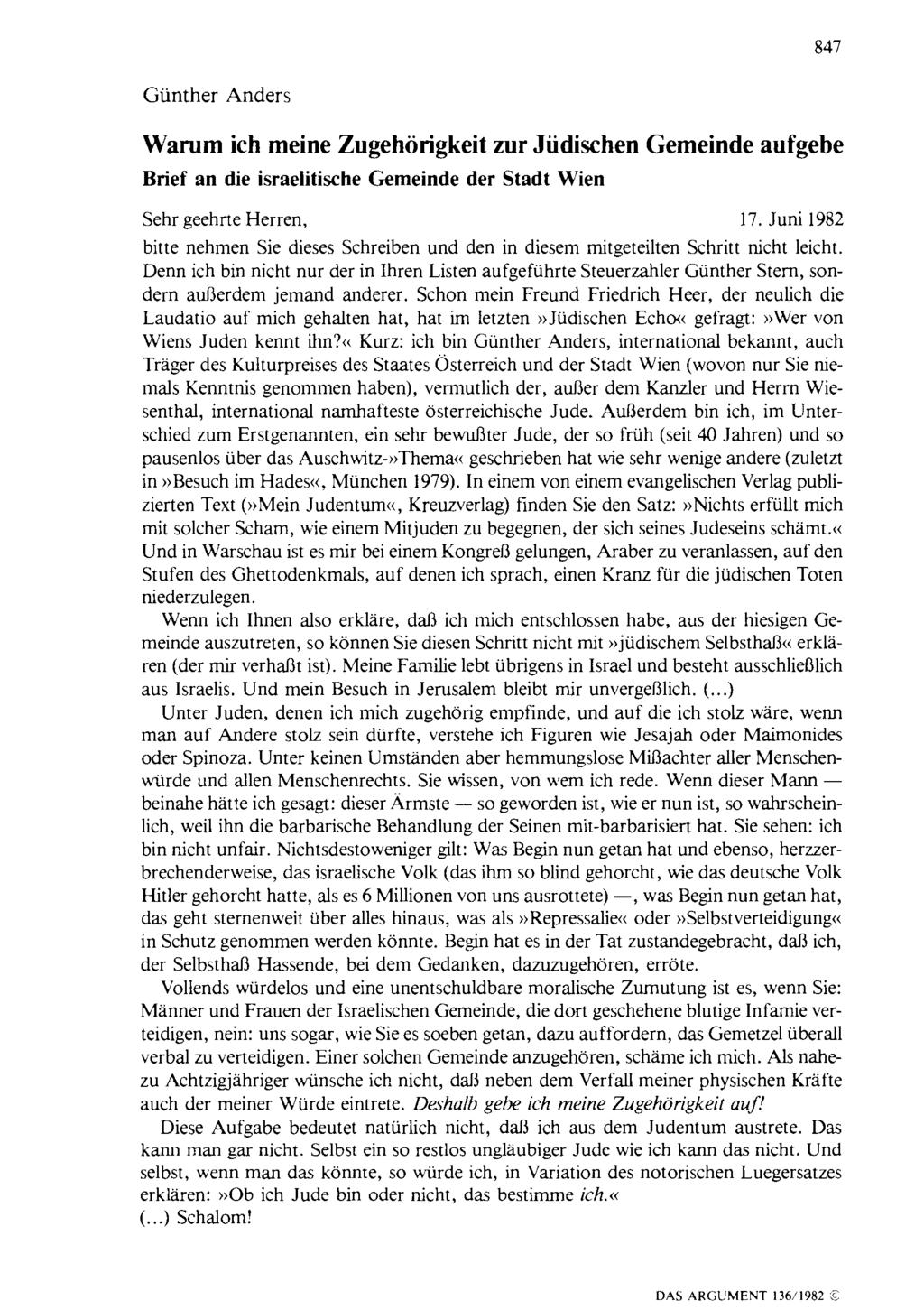 847 Günther Anders Warum ich meine Zugehörigkeit zur Jüdischen Gemeinde aufgebe Brief an die israelitische Gemeinde der Stadt Wien Sehr geehrte Herren, 17.