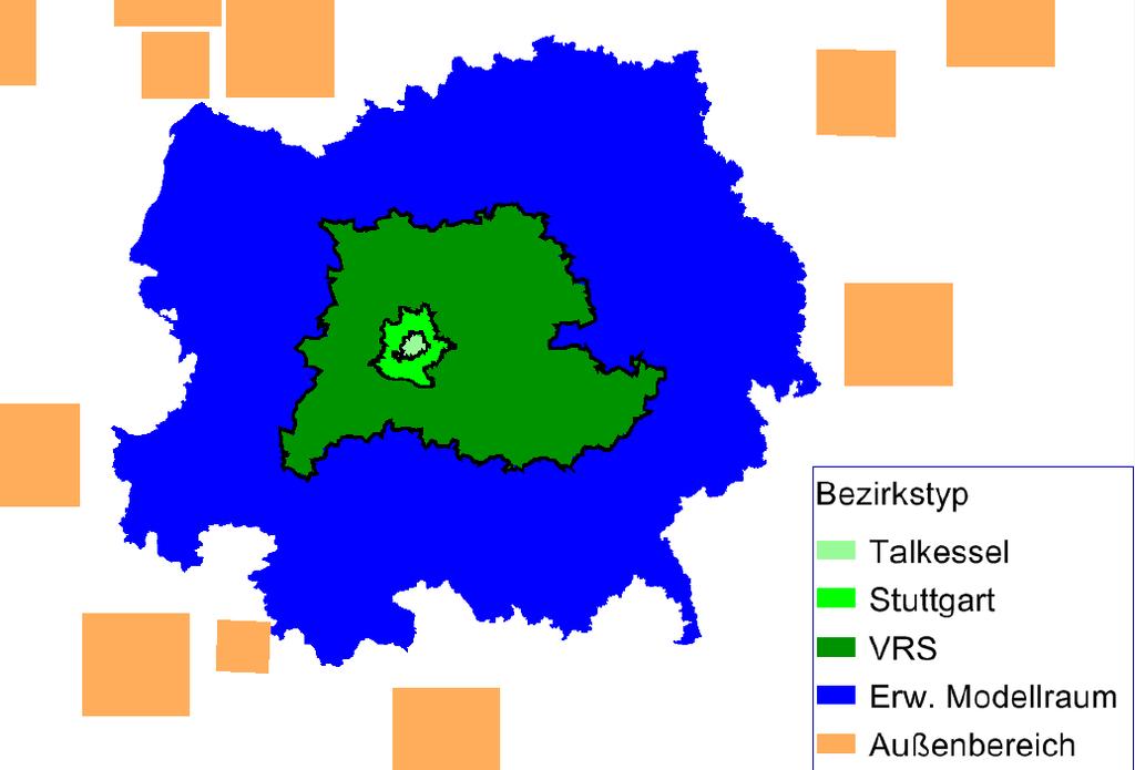 Das Modell umfasst die Landeshauptstadt Stuttgart, die fünf Landkreise Ludwigsburg, Rems- Murr, Böblingen, Esslingen und Göppingen sowie benachbarte Mittel- und Außenbereiche (vgl. Bild 3.