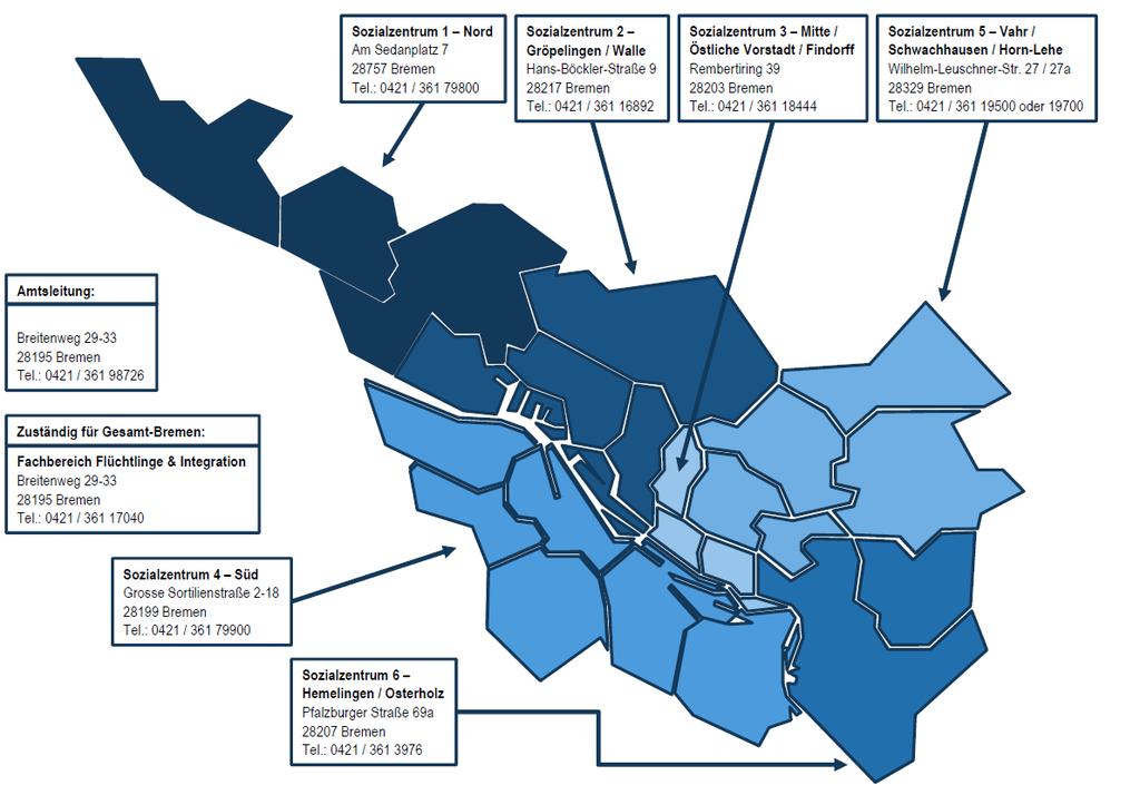 Sozialräumliche Struktur des Amts für Soziale Dienste Bremen Sozialzentrum 3 - Mitte Stadtteile: Mitte, Östliche Vorstadt, Findorff Rembertiring 39 28203 Bremen Tel.