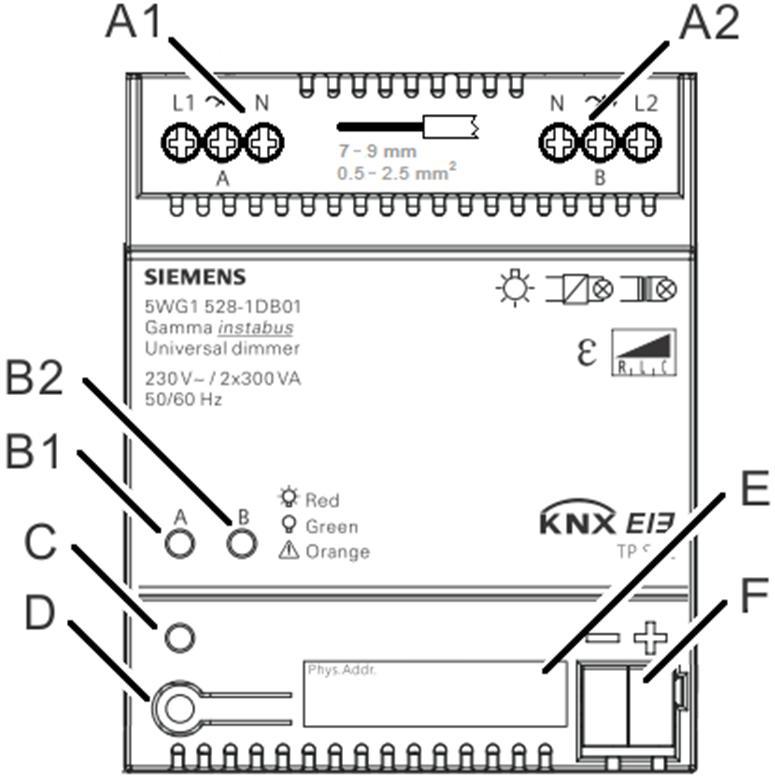 Technik / Ausführung Lage- und Funktion der Anzeige- und Bedienelemente A1, A2 Anschlussklemmen Kanal A, B B1, B2 Status LED Kanal A, B C LED zur Anzeige Normalmodus (LED aus) oder Adressiermodus