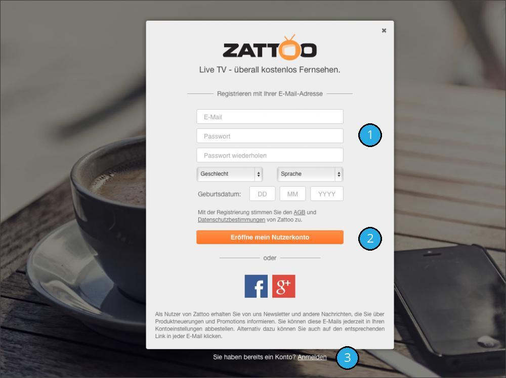 Anmelden Über die Menüleiste und den Punkt "Registrieren" können Sie sich bei Zattoo ein neues Konto anlegen und direkt kostenlos fernsehen.