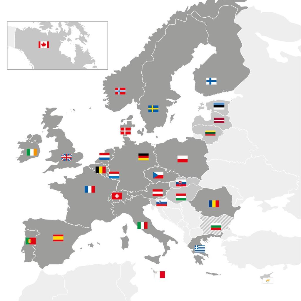 20 Mitgliedstaaten, Tendenz steigend Die ESA hat 20 Mitgliedstaaten: 18 EU- Staaten (AT, BE, CZ, DE, DK, ES, FI, FR, IT, GR, IE, LU, NL, PT, PL, RO, SE, UK) sowie Norwegen und die Schweiz.