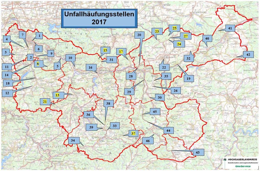 Lage der Unfallhäufungsstellen im Kreisgebiet: Die geografische Lage der Unfallhäufungsstellen ist aus der folgenden Karte zu ersehen.