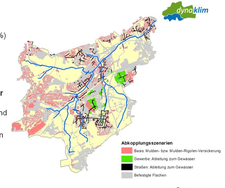 Wirkung von Abkopplungsmaßnahmen Beispiel Rossbach Einzugsgebiet: 31,5 km 2 Versiegelt: 13,5 km² (43 %) Kanalisiert: 16,3 km 2 30 % Abkopplung erzielbar Versickerung über Mulden und Mulden-Rigolen
