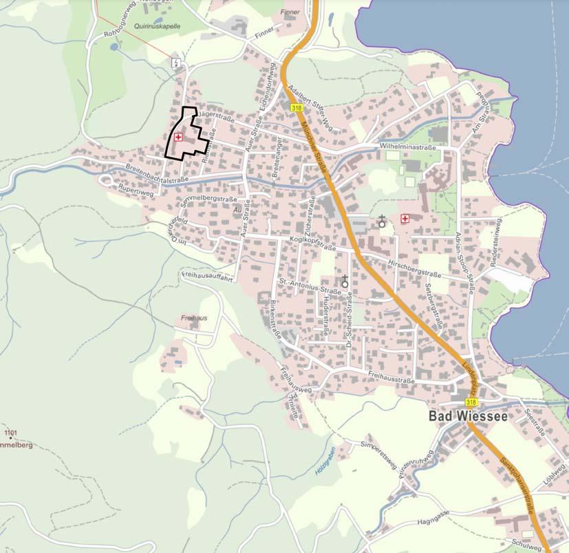 - 2 von 9-1.0 Rahmenbedingungen 1.1 Lage des Planungsgebietes Lage im Ort (Auszug aus der topographischen Karte) Das Planungsgebiet liegt im Nordwesten von Bad Wiessee in einer Entfernung von ca.