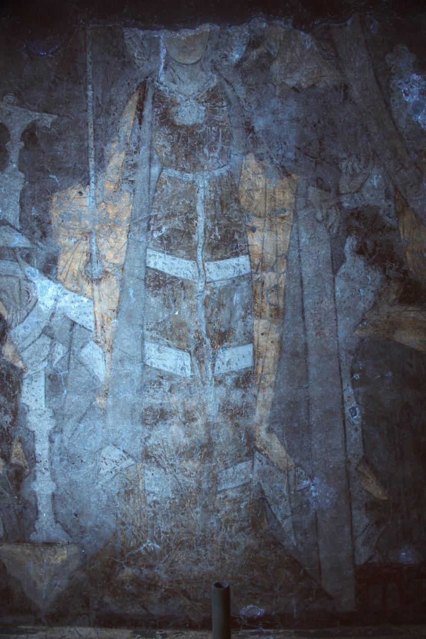 Lange 14 a 101092MRR2013_10_17_85 Nordwand des Vorchorjoches, obere Bildszenen mit Darstellungen aus dem Leben der hl. Katharina. Hl. Katharina unter UV-Licht, vgl.