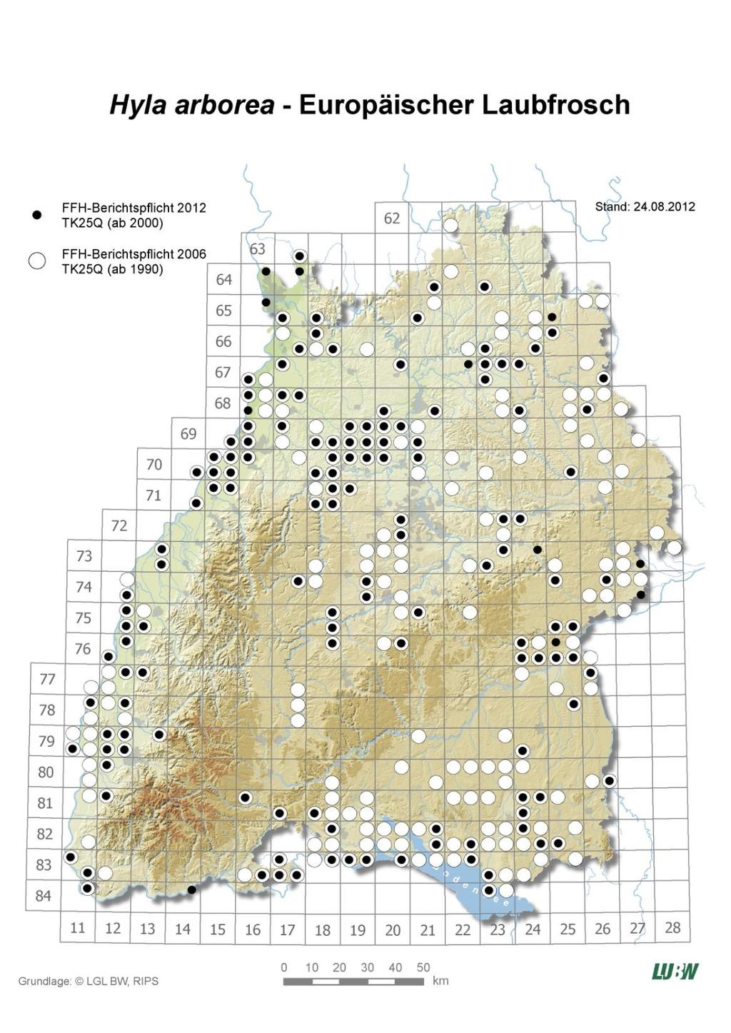 Erhaltungszustand Baden-Württemberg günstig unzureichend schlecht unbekannt Verbreitung Population Habitat Zukunft Gesamt Als Kletterfrosch bevorzugt er Lebensräume mit gebüschreichem Feuchtgrünland