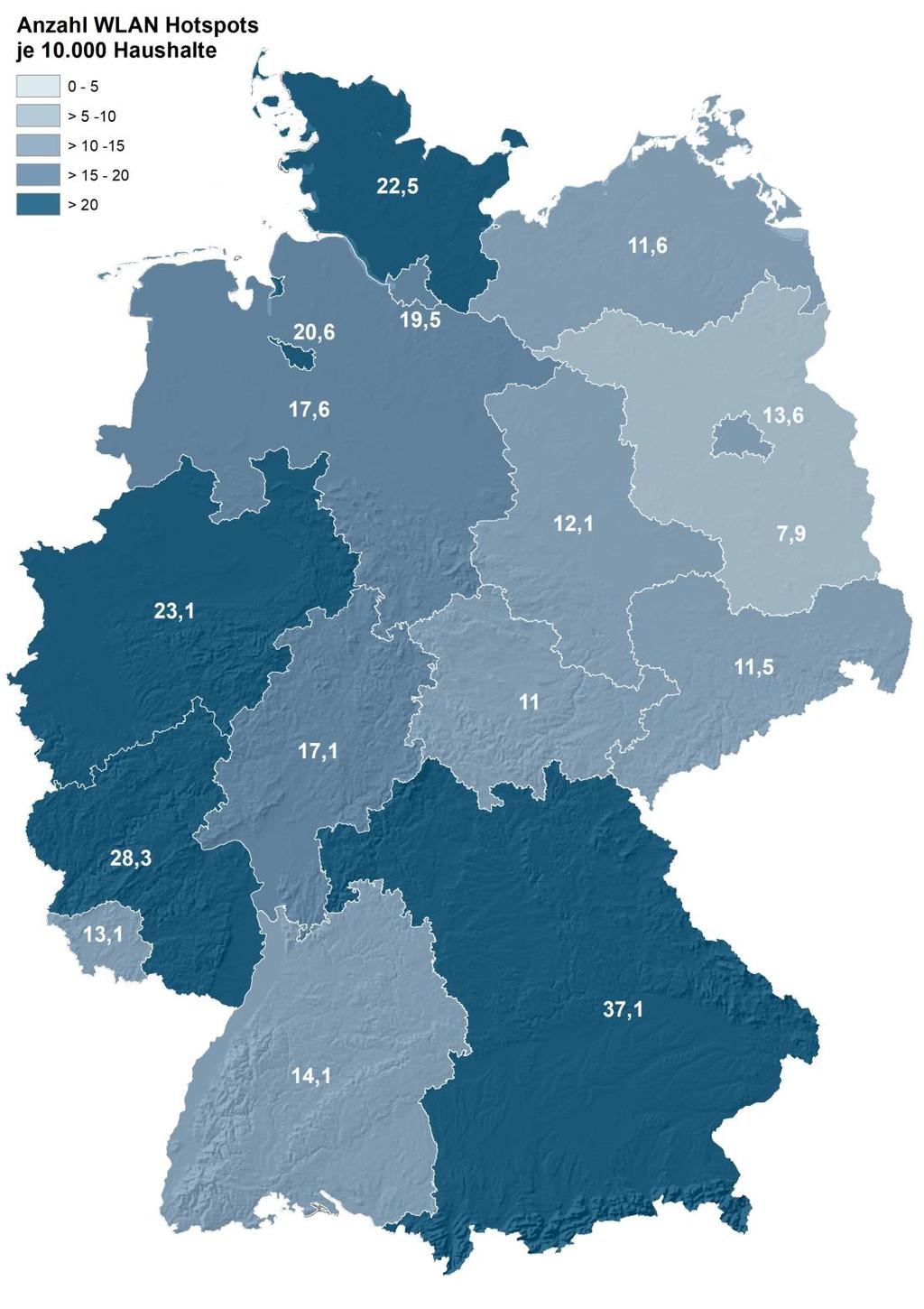 Kartenwerke Darstellung der Anzahl gelieferter WLAN Hotspots je 10.000 Haushalte und Bundesland.