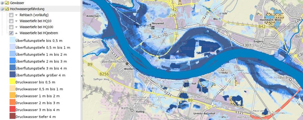 Urmitz, die Stadt Weißenthurm und das rheinnahe Gewerbegebiet der Stadt Mülheim-Kärlich 3 Abbildung 1: Ausschnitt aus aktueller Hochwassergefahrenkarte des Landes Rheinland-Pfalz für ein