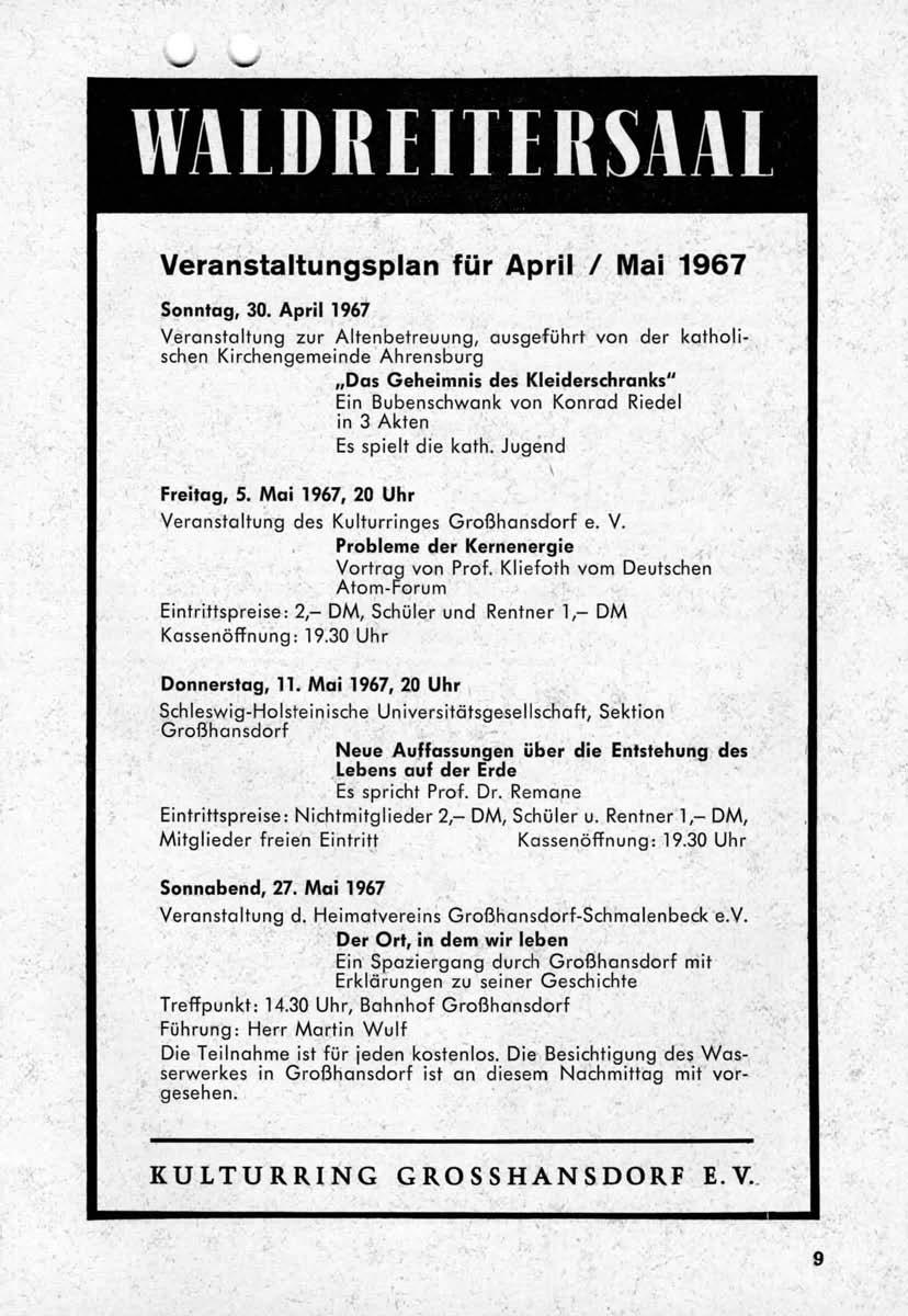WALDREIIERSAAl Veranstaltungsplan für April / Mai 1967 Sonntag, 30.