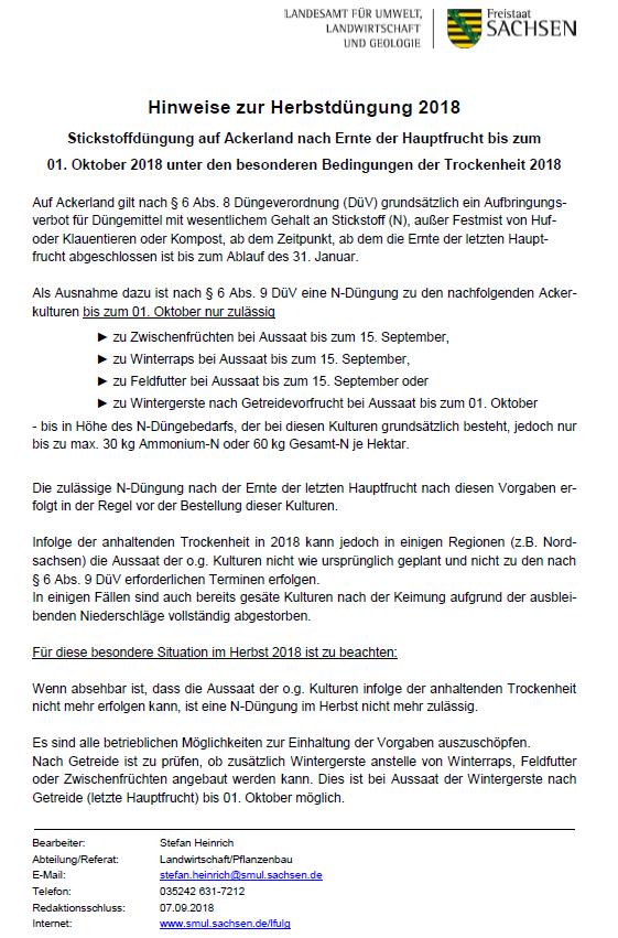 Düngeverordnung Umsetzung in Sachsen Besonderheiten im Trockenjahr 2018: Herbst-N-Düngung auf Ackerland (Sperrzeit Ernte Hauptfrucht bis 01.10.