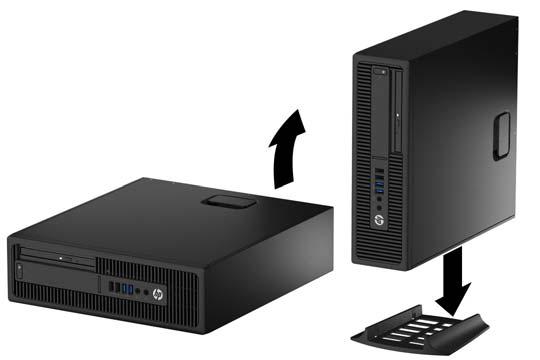 Wechseln von der Desktop- zur Turmkonfiguration Der Small Form Factor-PC kann mit einem optionalen Tower-Standfuß, der bei HP erhältlich ist, als Tower- System verwendet werden. 1.