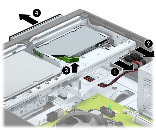 Ausbauen eines 9,5 mm kleinen optischen Laufwerks 1. Entfernen/deaktivieren Sie alle Sicherheitsvorrichtungen, die das Öffnen des Computers verhindern. 2.