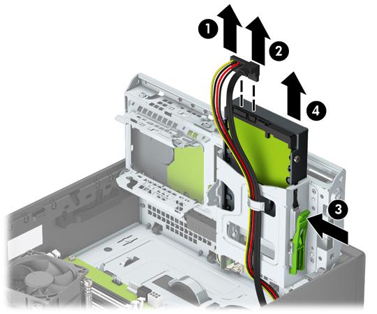 8. Ziehen Sie das Stromkabel (1) und das Datenkabel (2) von der Rückseite der Festplatte ab.
