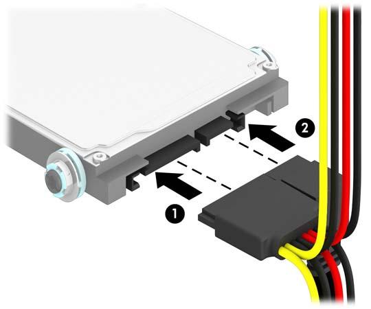 10. Verbinden Sie das Stromkabel (1) und das Datenkabel (2) mit der Rückseite der Festplatte.