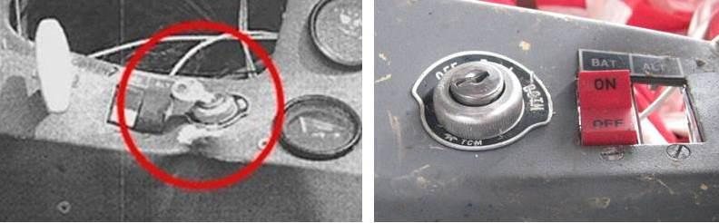 Zündschloss eines Vergleichsmusters Fotos: BFU Demnach zeigt der Fotovergleich, dass der verbogene Zündschlüssel im Zündschloss des Unfallflugzeugs in der Stellung linker Magnet (L) stand.